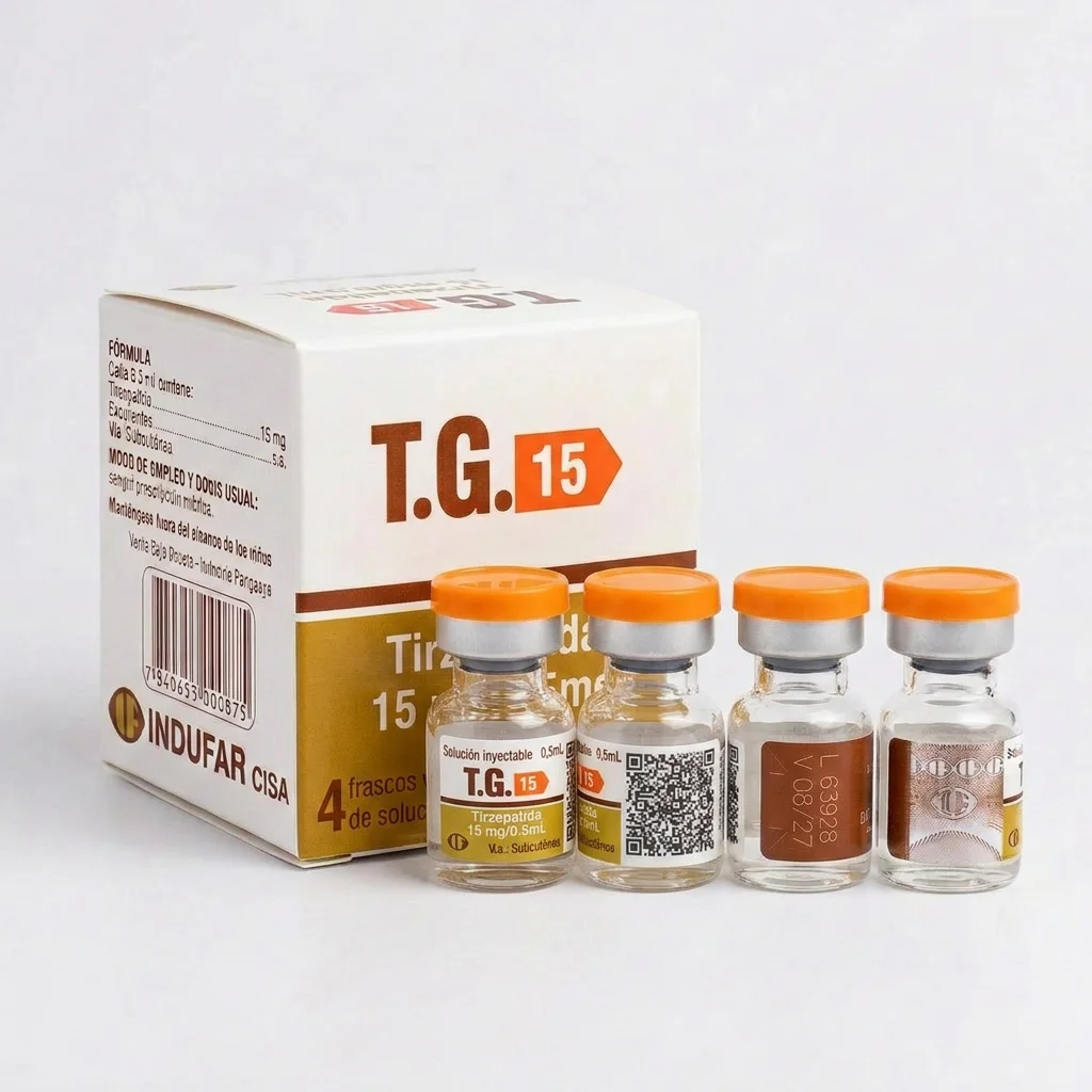 Caixa e frascos-ampola de T.G. 15 com tirzepatida 15 mg